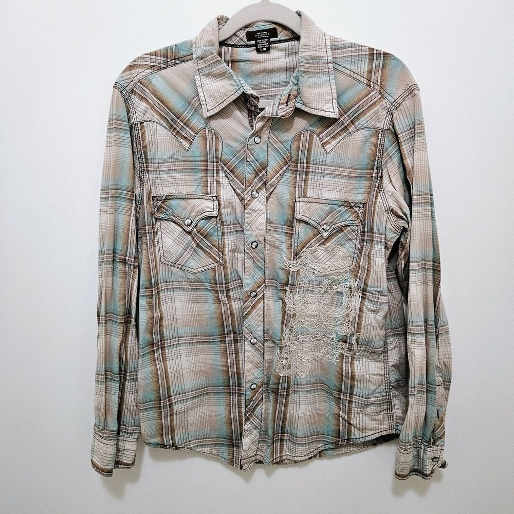 Arizona‎ Western Pearl Snap Shirt Mens Sz L Rockabilly Dragon Embroidered Plaid